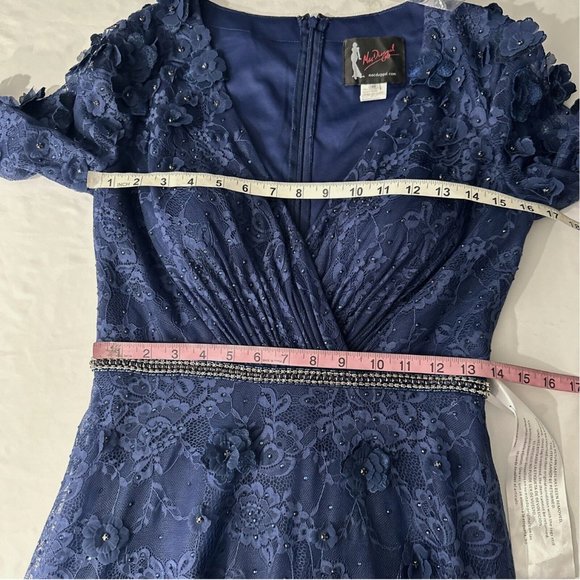NEW $798‎ Mac Duggal [ 8 ] Floral Applique Long Sleeve Wrap Gown Blue - Picture 14 of 16